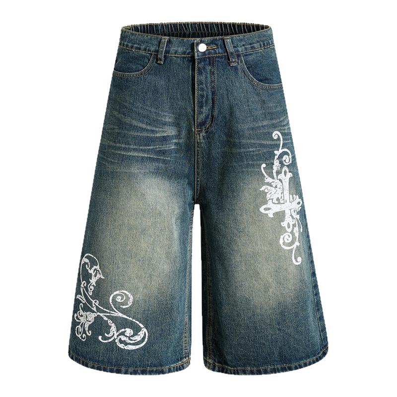 MoCreation 美式复古印花牛仔短裤女夏季宽松七分裤百搭情侣阔腿