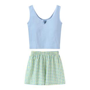 2023新款带胸垫吊带睡衣女夏背心格子短裤家居服套装ins韩风外穿