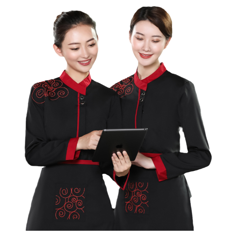 餐饮服务员工作服长袖女饭店茶楼前台制服火锅店中式餐厅春秋装男