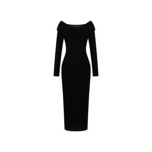 XULU原创秋冬欧洲进口黑色丝绒包臀裙气质露肩显瘦V领长袖连衣裙