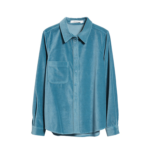 孔雀蓝翻领全棉磨毛衬衫女2026秋冬新款叠穿法式复古衬衣百搭上衣