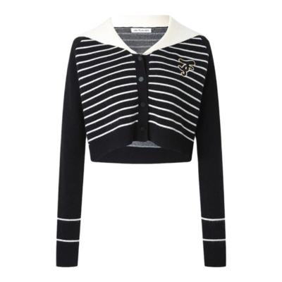 JAC FLEURANT2025秋季新品黑色条纹翻领针织刺绣Logo休闲上衣