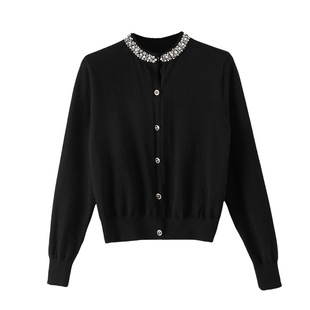 晚白2026年春新款羊毛衫气质钉珠上衣轻奢贵气针织开衫女外套短款