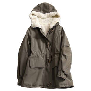 纯色牛角扣抽绳收腰加绒内胆加厚保暖派克服中长款女连帽外套Q568