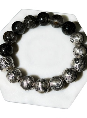 无极 I 天然黑发晶手串纯银复古太极八卦珠手链原创设计文玩饰品