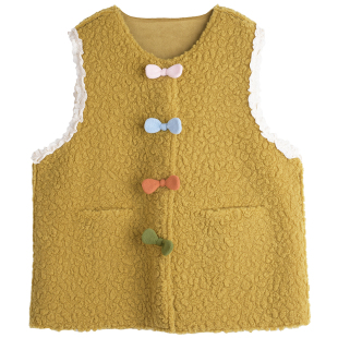 日系甜美蝴蝶结扣坎肩外套胖仙女莹莹大码女装胖mm冬仿羊羔毛马甲