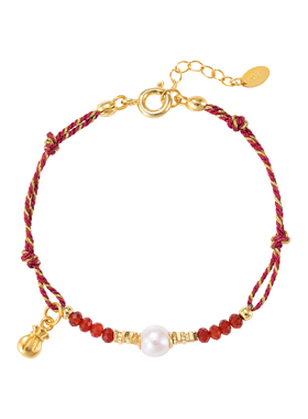 红色新年节日手绳珍珠碎金字红绳