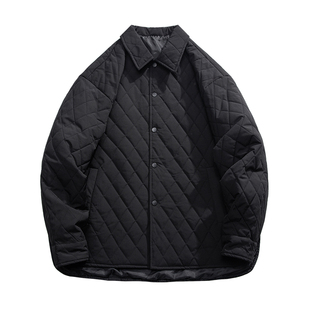 复古菱格绗缝棉服夹棉外套冬季女黑色菱形格教练夹克无帽翻领棉衣