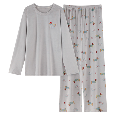 秋冬季睡衣男款海岛绒加厚加绒珊瑚绒长袖青少年卡通腊肠狗家居服