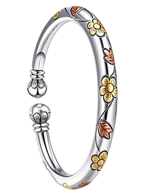 足银999开口实心银手镯做旧雕花