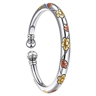 吴越老银铺正品999纯银手镯女开口实心银镯子国潮复古百搭送长辈