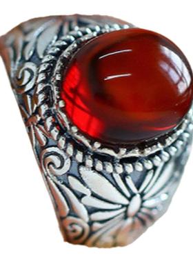 生日礼物925银复古琥珀戒指国潮