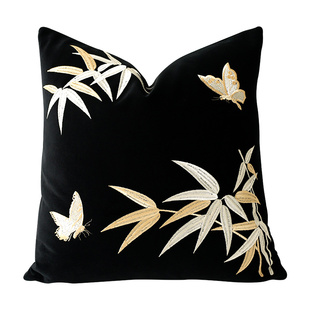 新中式竹叶刺绣抱枕套中古风客厅沙发丝绒靠垫套民宿样板间靠枕黑