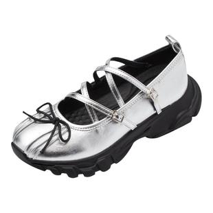 Grace gift厚底玛丽珍鞋女复古交叉带蝴蝶结增高运动风芭蕾舞鞋子