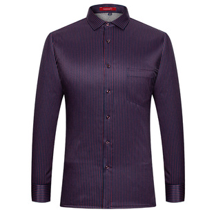 纤丝鸟保暖衬衫男红色条纹夹层加厚桑蚕丝内胆夹棉加大码衬衣冬款