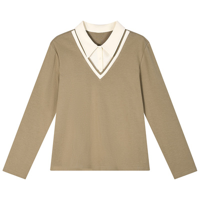 春季polo领假两件正肩长袖上衣女