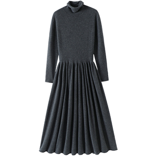 气质加持！大克重100%纯山羊绒连衣裙子女高领修身长款大摆裙新款