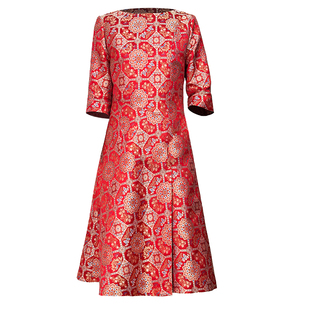 老宋锦春季连衣裙红色长袖订婚喜婆婆婚宴装2025新款妈妈婚宴礼服