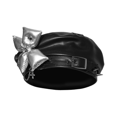 暗黑复古辣妹蝴蝶结铆钉链条帽