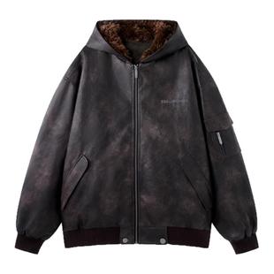 BJHG不计后果美式连帽棉服男款冬季防风复古做旧PU皮飞行夹克外套
