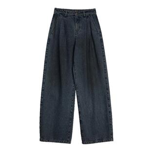 ELLE法式纯棉水洗牛仔裤女2025冬季新款高腰宽松显瘦通勤阔腿裤子