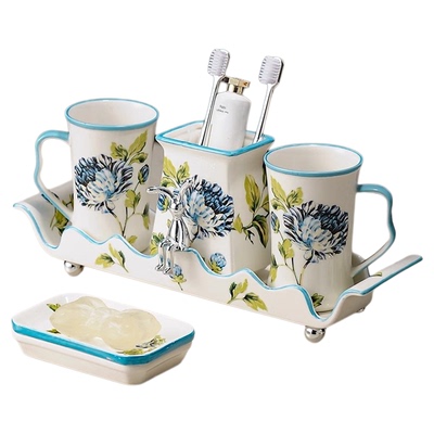 法式手彩漱口杯陶瓷情侣家用洗漱台面牙缸刷牙杯牙刷置物架套装