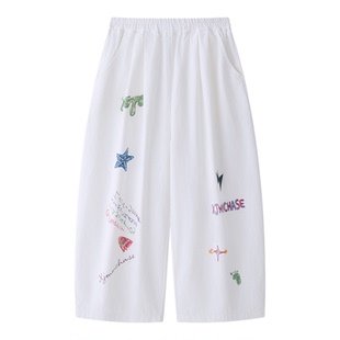 虾酱麻麻男童纯棉裤子春秋装2026新款白色长裤洋气卡通儿童休闲裤