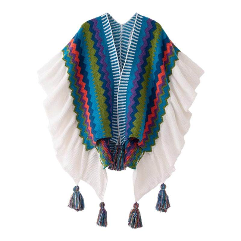 民族风蓝色旅游披肩女外搭高级氛围感云南丽江波西米亚风披风斗篷