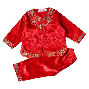 喜庆大红色女宝宝春夏长袖唐装套装婴儿满月百天周岁庆生礼服套装