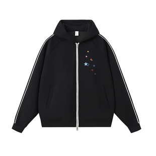 Gbiaior美式复古星星印花开衫外套女男秋冬五明治空气层连帽卫衣