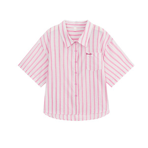 YUZI鱼子甜美粉色条纹短袖衬衫大码女装夏微胖mm显瘦遮肉元气减龄