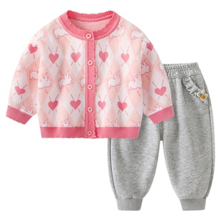 女宝宝春装套装新款婴儿针织开衫分体三件套春秋女童外套外出衣服