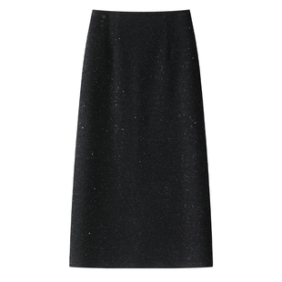 黑色羊毛呢半身裙女秋冬2025新款高腰显瘦直筒裙加绒包臀一步裙子