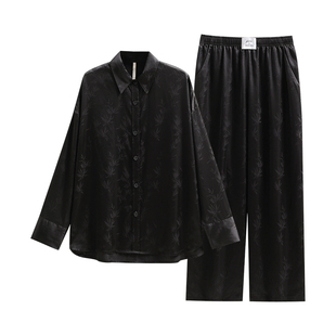 悦内情侣睡衣女春夏季夏款冰丝绸长袖家居服男士春秋款黑色高级感