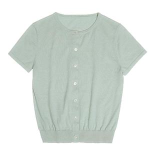 CountryMoment 桑蚕丝羊毛混纺针织开衫短袖T恤女修身显瘦短外套