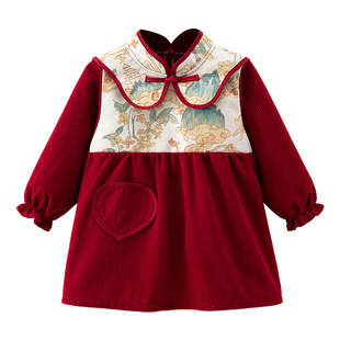 新中式国风女童中长款公主裙罩衣新年红中式拜年服中国风唐装罩衣