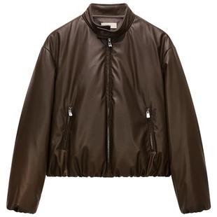 【特享折扣】欧时力环保仿皮立领夹克羽绒服外套复古高级2025秋冬