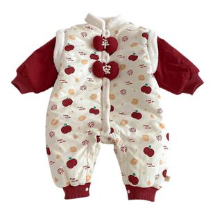 拉果拉宝宝新年战袍连体衣内里牛奶绒保暖国风拜年服洋气爬服套装