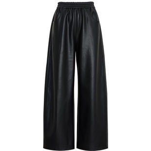 夏莫卡黑色皮裤女2025新款松紧腰裤子PU皮磨毛弧形香蕉九分裤6749