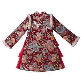 拜年服女童旗袍冬装红色过年衣服2025新款冬季儿童新年中国风裙子