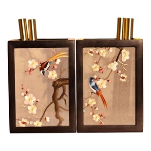 湘绣摆件苏绣胡黑檀木笔筒手工刺绣创意中国风礼品企业礼物礼品盒