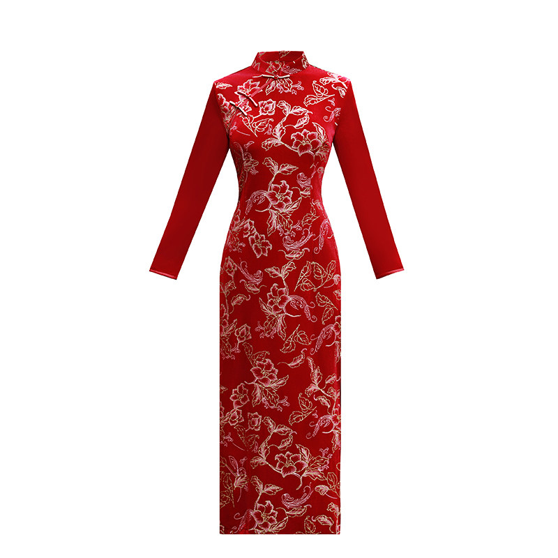 加厚韩国绒旗袍长款复古烫金日常妈妈春秋新款新式婚宴改良礼服裙