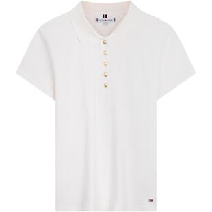 Tommy春夏女装优雅休闲通勤金色五粒扣修身纯色翻领短袖T恤POLO衫
