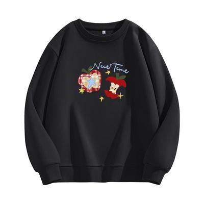 NOW真维斯黑色圆领卫衣女2026新款春秋季韩系小个子无帽长袖上衣