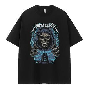 Metallica金属乐队复古美式街头暗黑骷髅落肩宽松纯棉摇滚短袖T恤