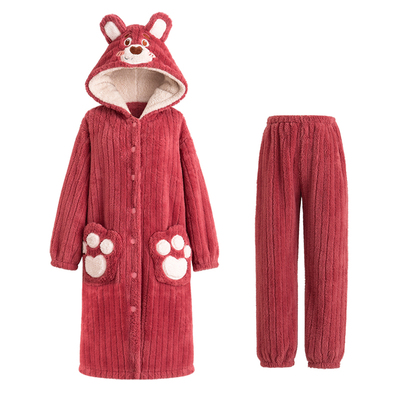 珊瑚绒睡衣女秋冬季法兰绒家居服加绒加厚长款睡袍裤子套装可外穿