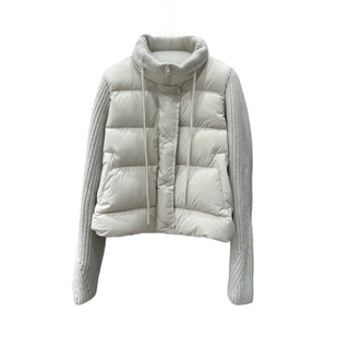 韩系针织拼接袖立领系带羽绒服女短款宽松2025冬季新款白鸭绒外套