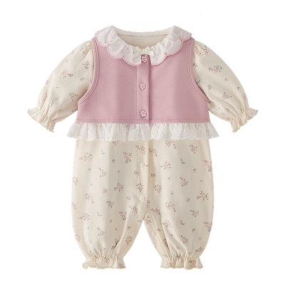 婴儿连体衣女宝法式花边爬服两件套小月龄外出抱抱服满月宝宝衣服