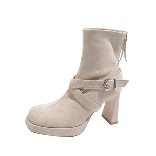 防水台厚底高跟短靴粗跟法式新款加绒弹力瘦瘦靴靴子女鞋冬短款