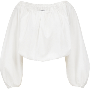 ONLY春季甜美一字肩花苞下摆设计宽松短款长袖雪纺衫上衣女